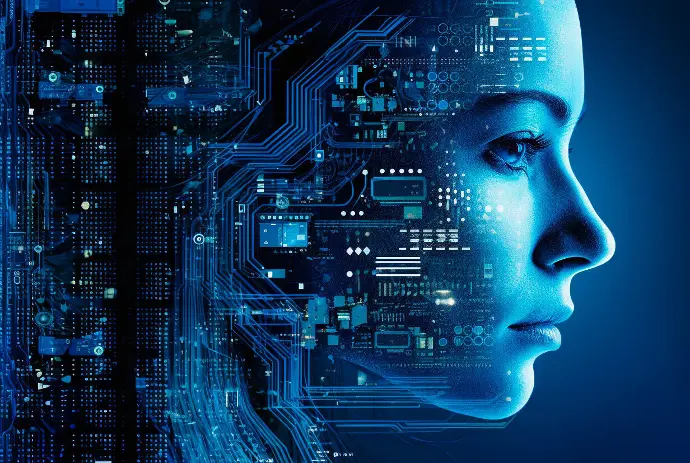 Eine Bildkomposition aus dem Gesicht einer Frau und Elementen einer elektronischen Platine.